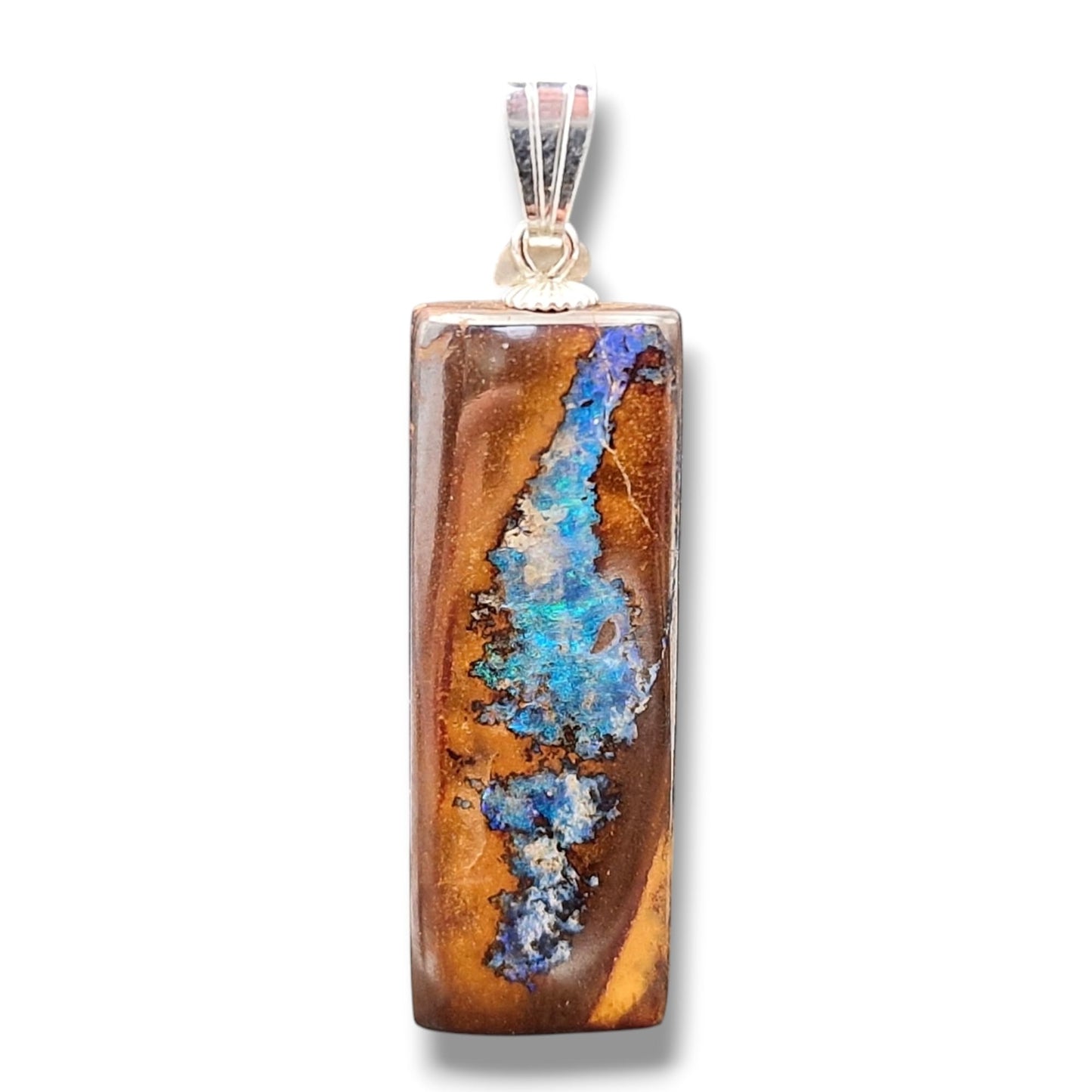 LeoLars-PABE Boulder Opal Picture Stone Anhänger mit 925er Silber Stiftöse, tolles Muster grün-blaues Opalfeuer, Maße : 35mm x 11,4mm x 5,5mm, Unikat, Handgeschliffen