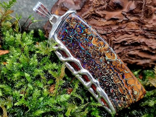 LeoLars-PABE Beidseitiger Boulder Opal Design Anhänger, Käfigfassung aus 925er Silber, tolles Muster mit grün-blauen Opaladern, Unikat, Handgschliffen, Anhängermaße: 44,7mm x 17,2mm x 7,3mm