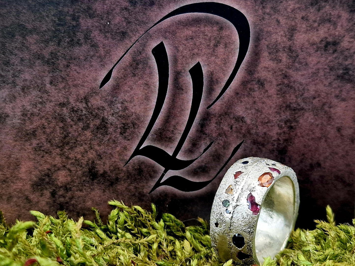 LeoLars-PABE Sandguss Chaos Design Ring mit echten eingegossenen Edelsteinen, Gr. 59 (18,7), aus 925er Silber mit Sandguss typischer Oberflächen Struktur, Unikat, Handarbeit, Nr. 183