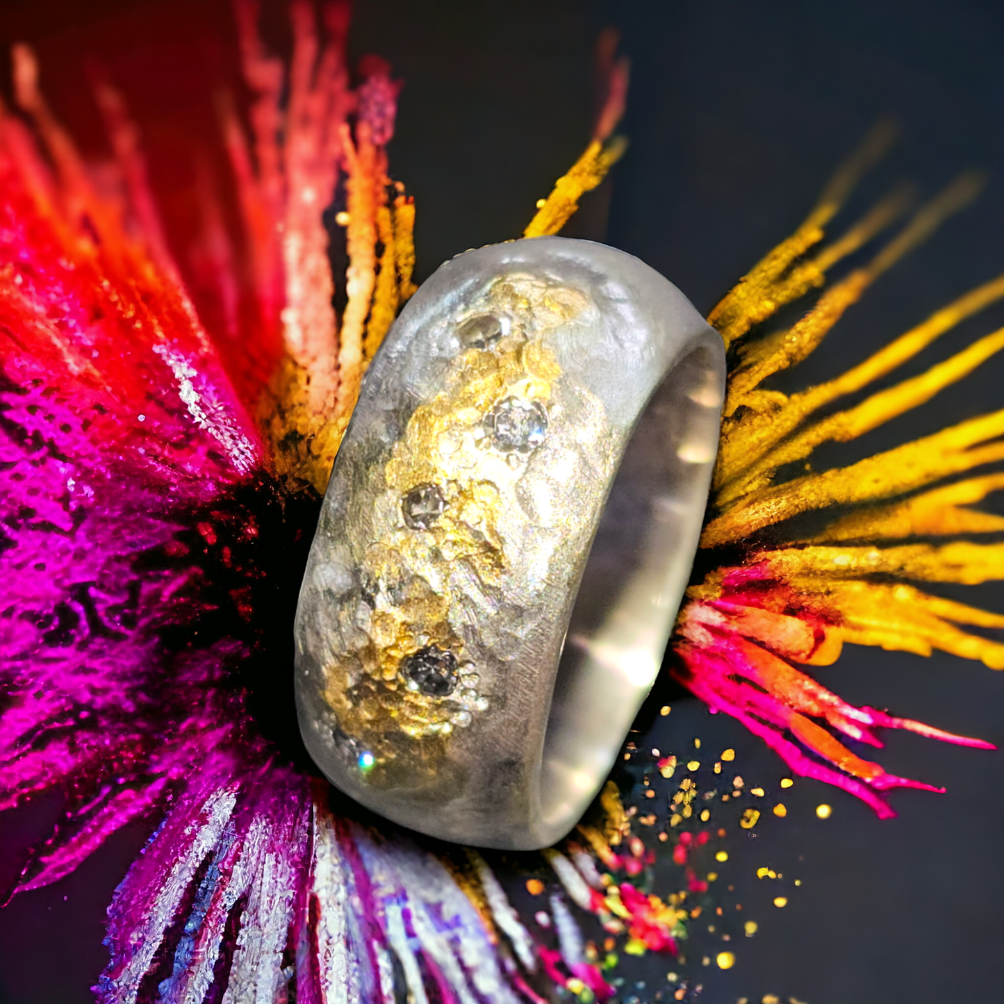 LeoLars-PABE Design Ring aus 925er Silber mit Feingoldeinlage und 5 Diamanten, Gr.55, Structure Design, Unikat, Handarbeit