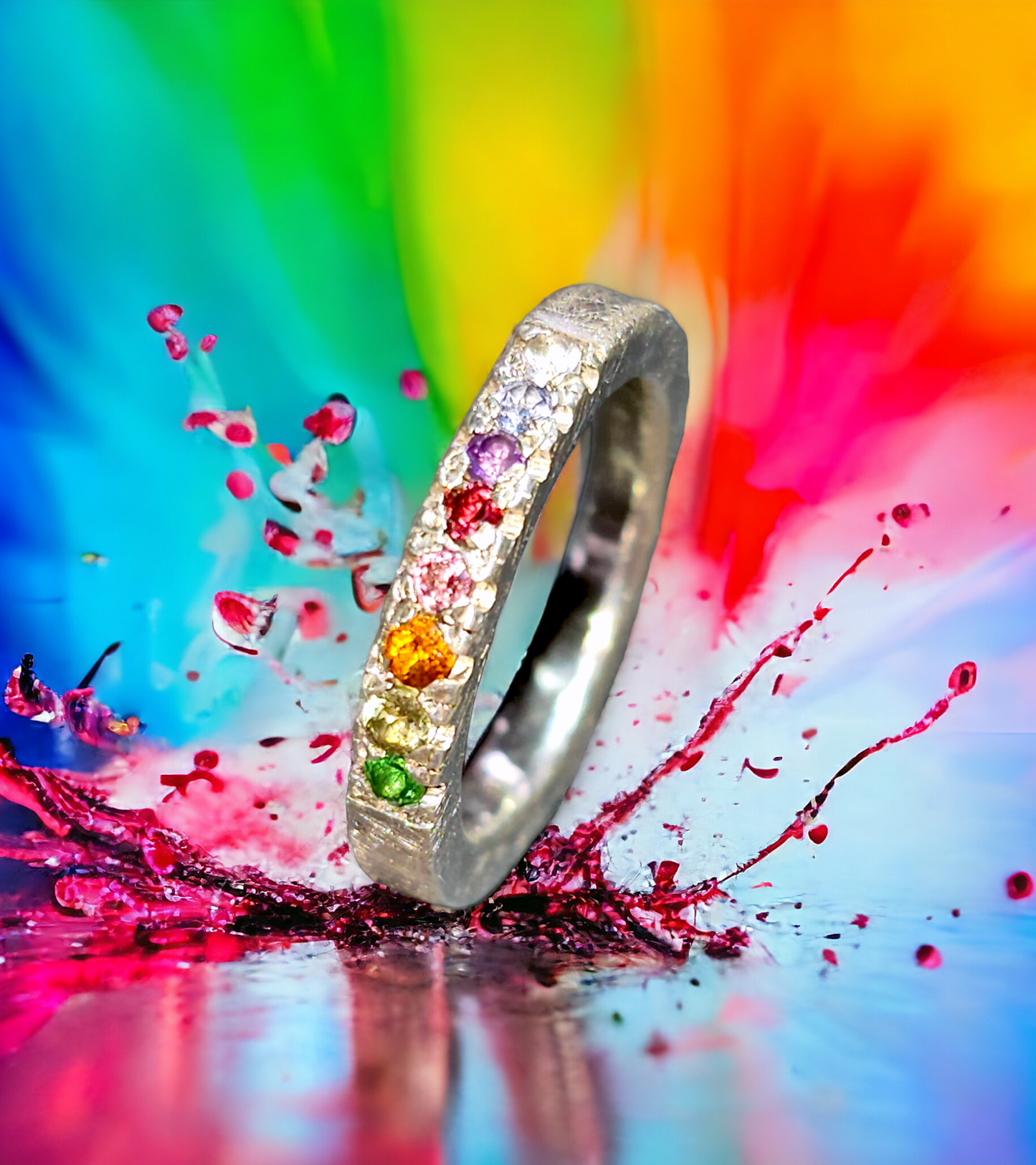LeoLars-PABE Regenbogen Bandring aus 925er Silber mit 8 verschiedenen Edelsteinen, Gr. 53, Unikat, Handarbeit