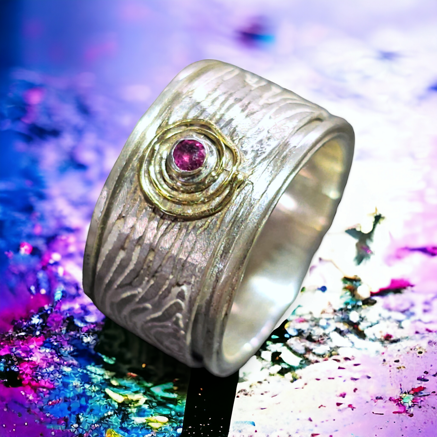 LeoLars-PABE Rubin Spinner Design Ring, Gr.57, aus 925er Silber mit Holzmaserung und 585er Goldschnecke um den Rubin, Unikat, Handarbeit