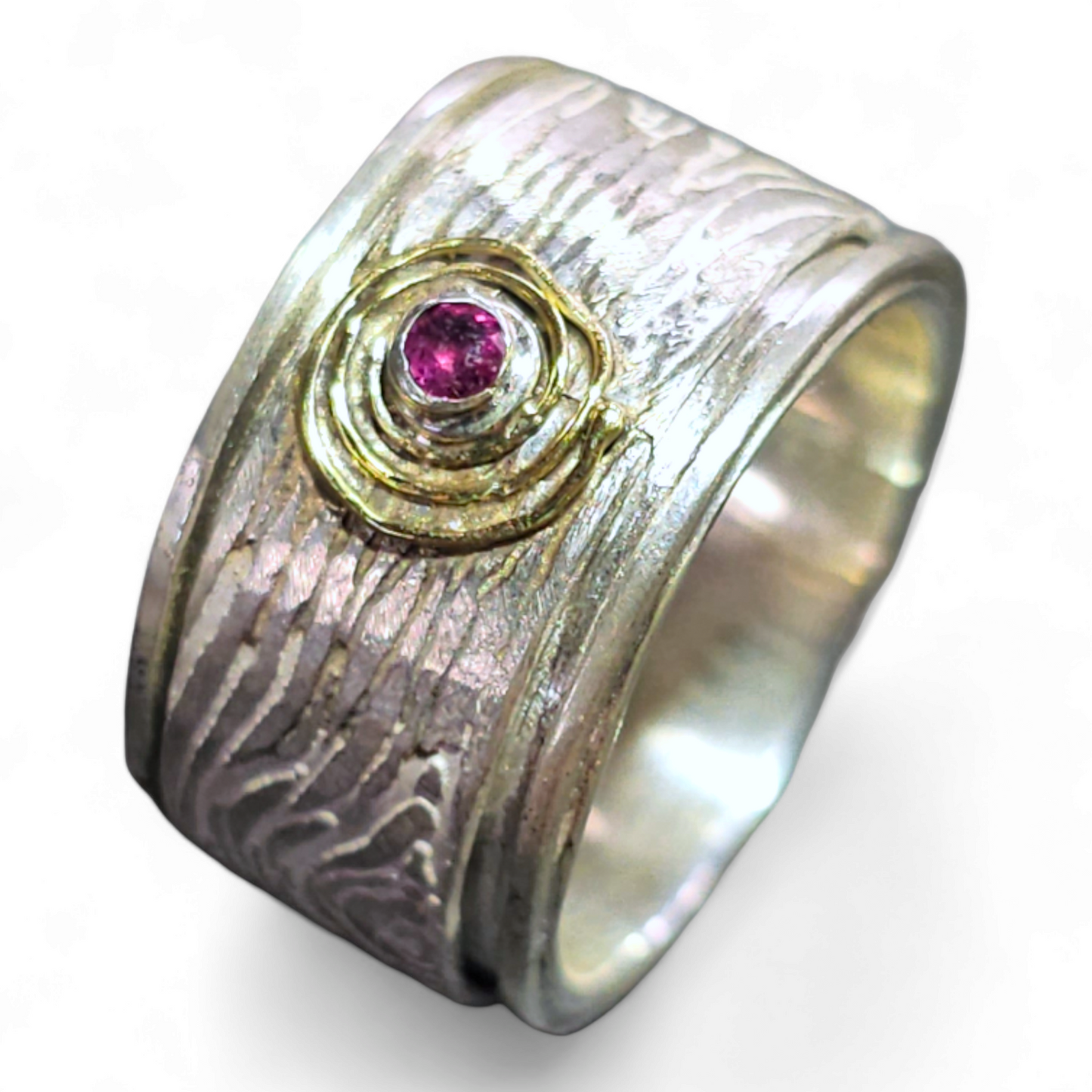 LeoLars-PABE Rubin Spinner Design Ring, Gr.57, aus 925er Silber mit Holzmaserung und 585er Goldschnecke um den Rubin, Unikat, Handarbeit
