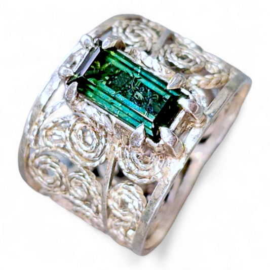 LeoLars-PABE Indigolith Design Filigree Ring, Gr. 57-58, aus 925er Silber, verspielt, leicht, dunkelblau, Unikat, Handarbeit