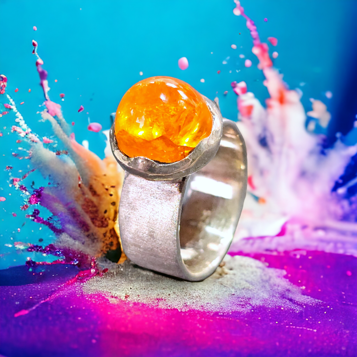 LeoLars-PABE Mandarin Granat Design Ring, Gr.55, aus 925er Silber, High Dome, eismattiert, Unikat, Handarbeit