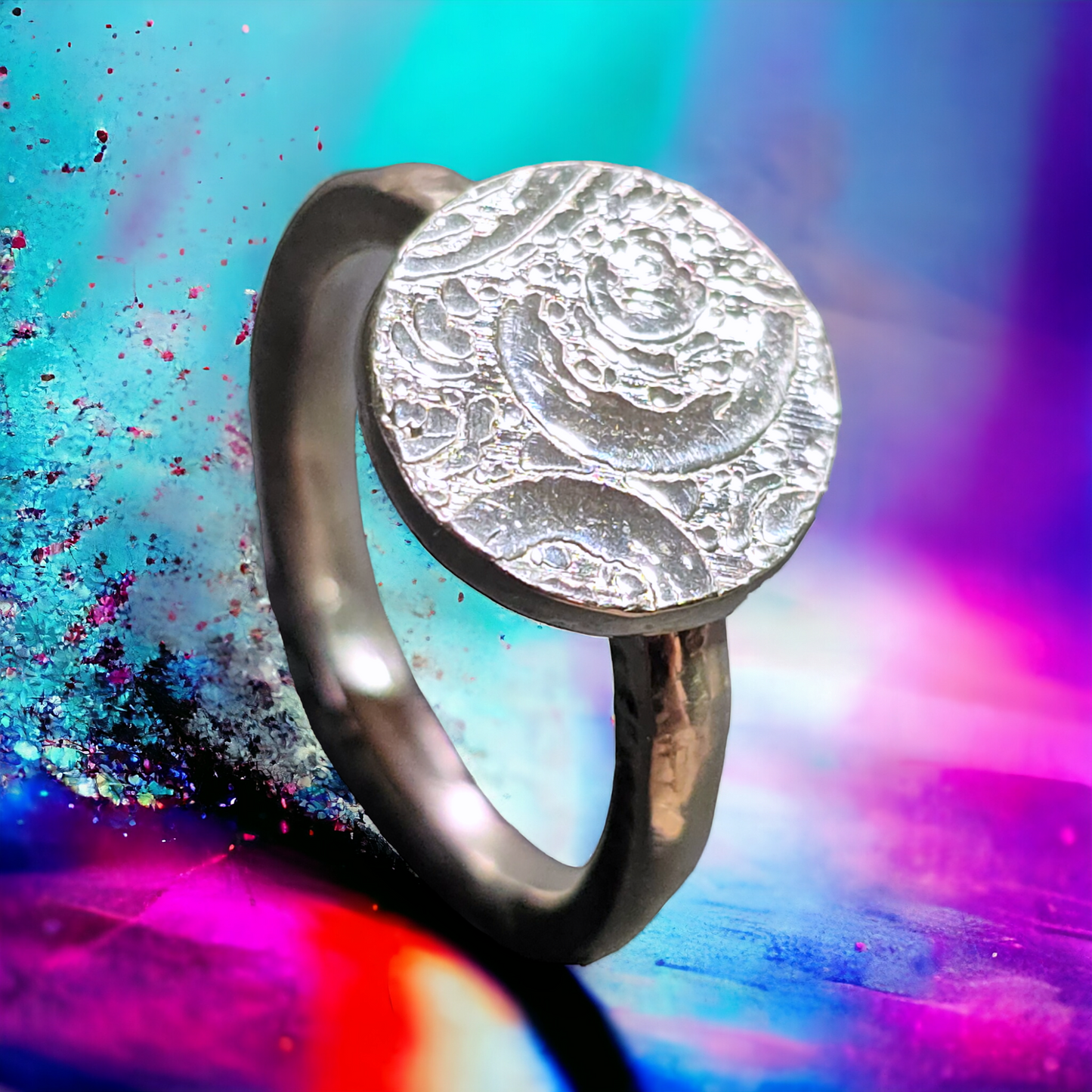 LeoLars-PABE 925er Silber Ring, Gr.57 ( 18.2 ), Strudture Design Platte, geprägt, gehämmert, Unikat, Handarbeit