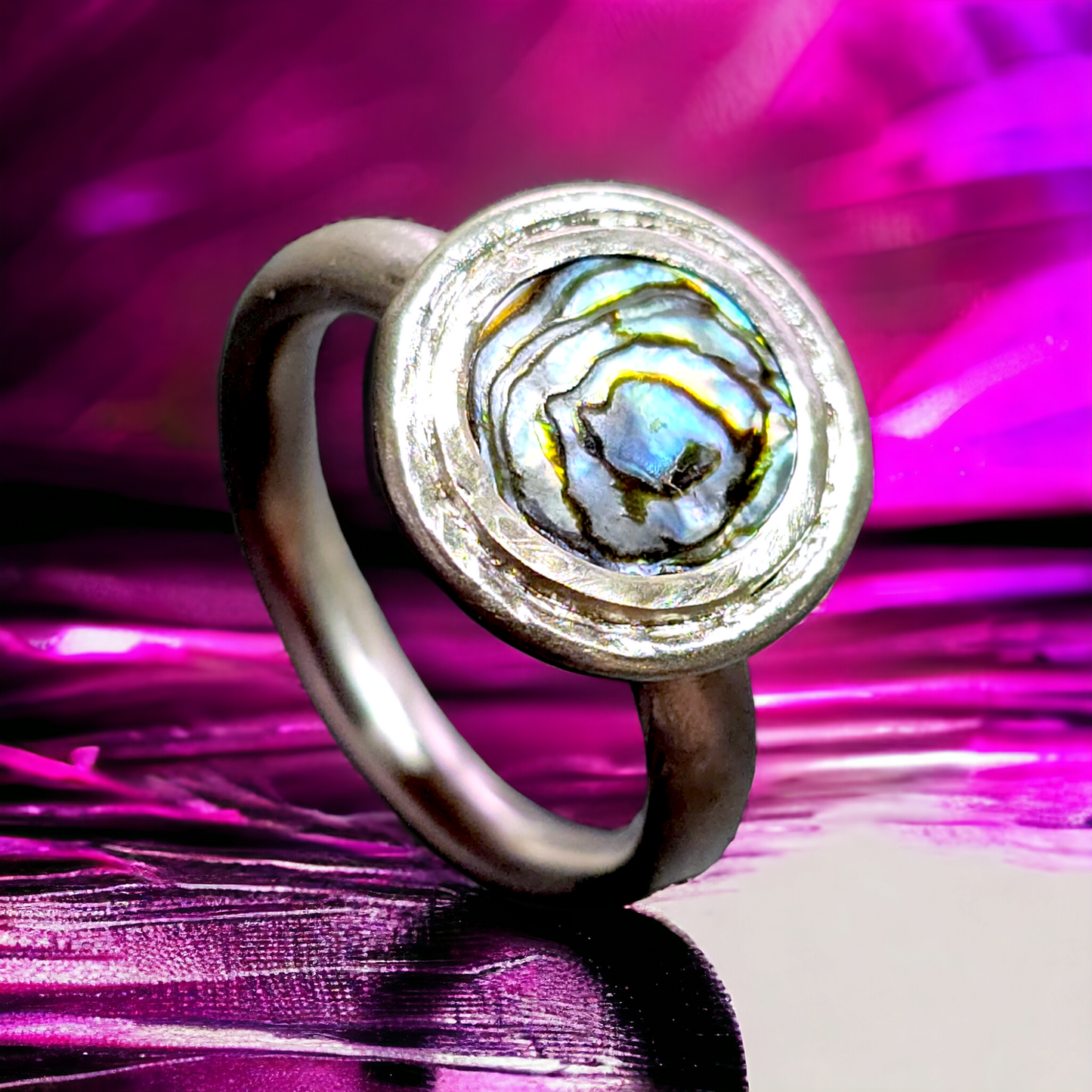 LeoLars-PABE Paua Muschel Ring, Gr.55 (17,5), aus 925er Silber, breiter Rand, seidenmatt, massiv, Unikat, Handarbeit