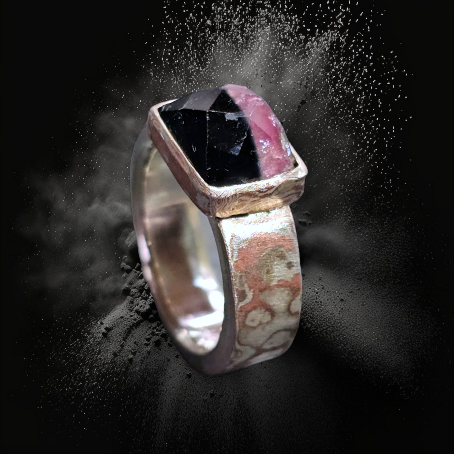 LeoLars-PABE Mokume Gane Silber-Kupfer Ring, Gr.52 mit zweifarbigem Turmalin, Unikat, Handgeschmiedet