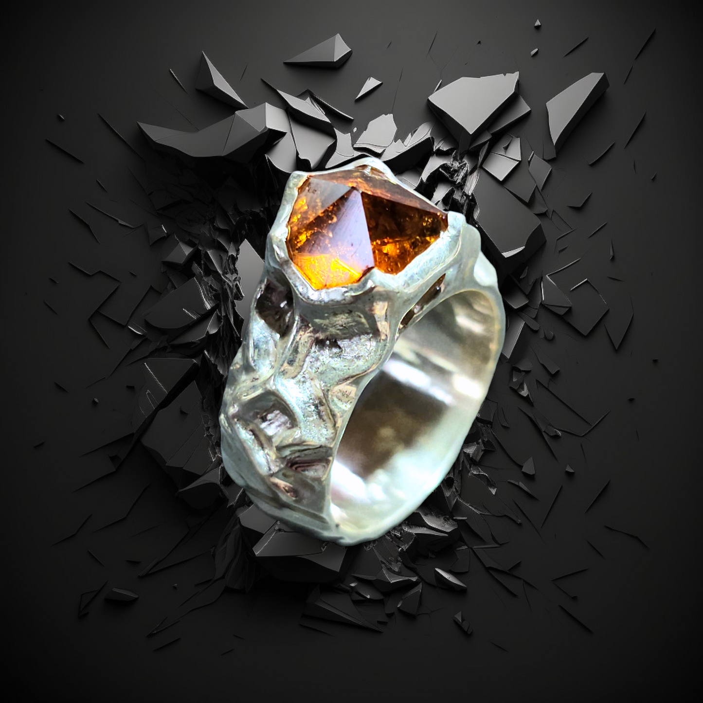 LeoLars-PABE Citrin Design Ring aus 925er Silber, Gr.58, Sonderschliff, Organisch, Hammerschlag, Unikat, Handarbeit