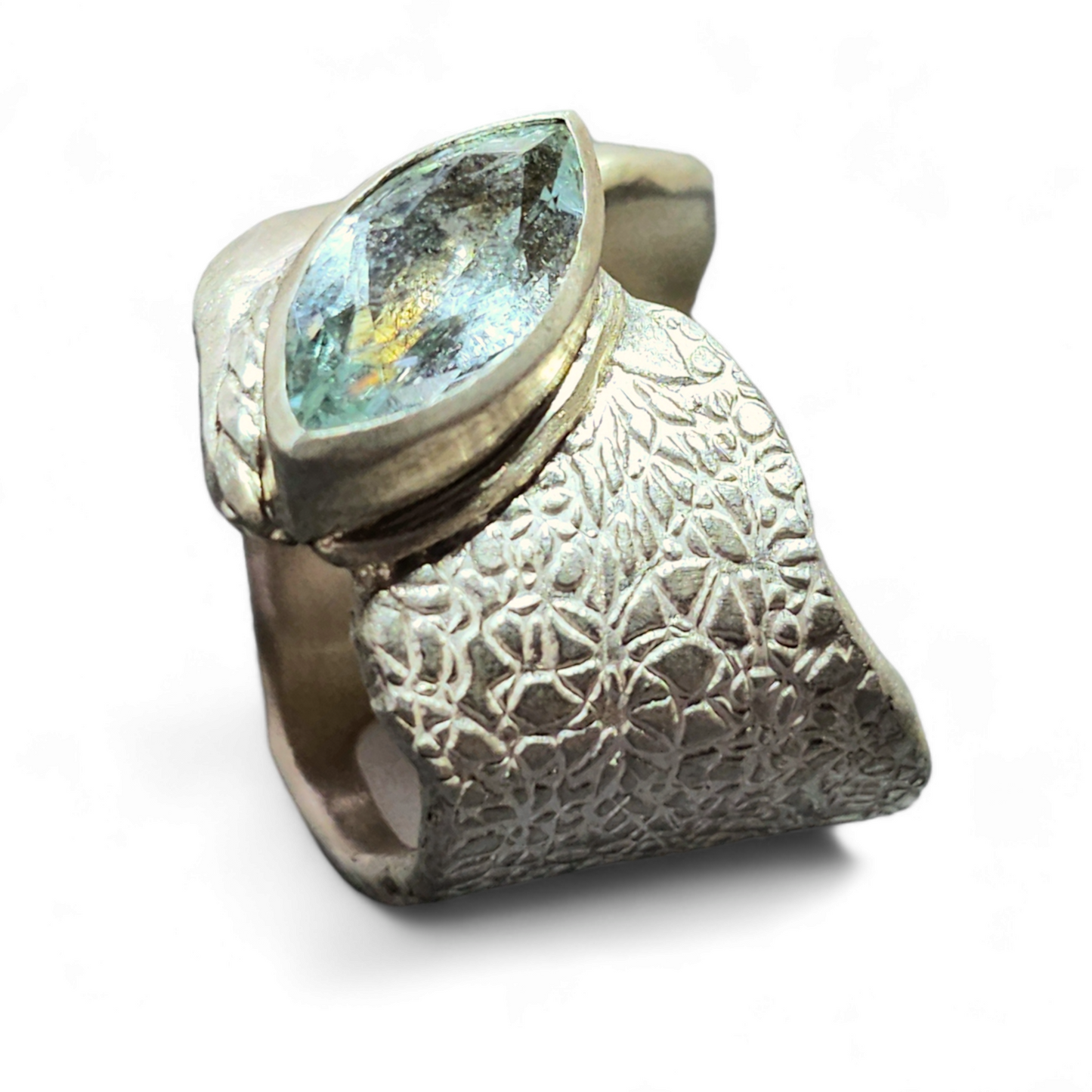 LeoLars-PABE Aquamarin Design Ring, Gr.58 (18.5), aus 925er Silber, Navette, Ring massiv, teil Strukturiert, Unikat, Handarbeit