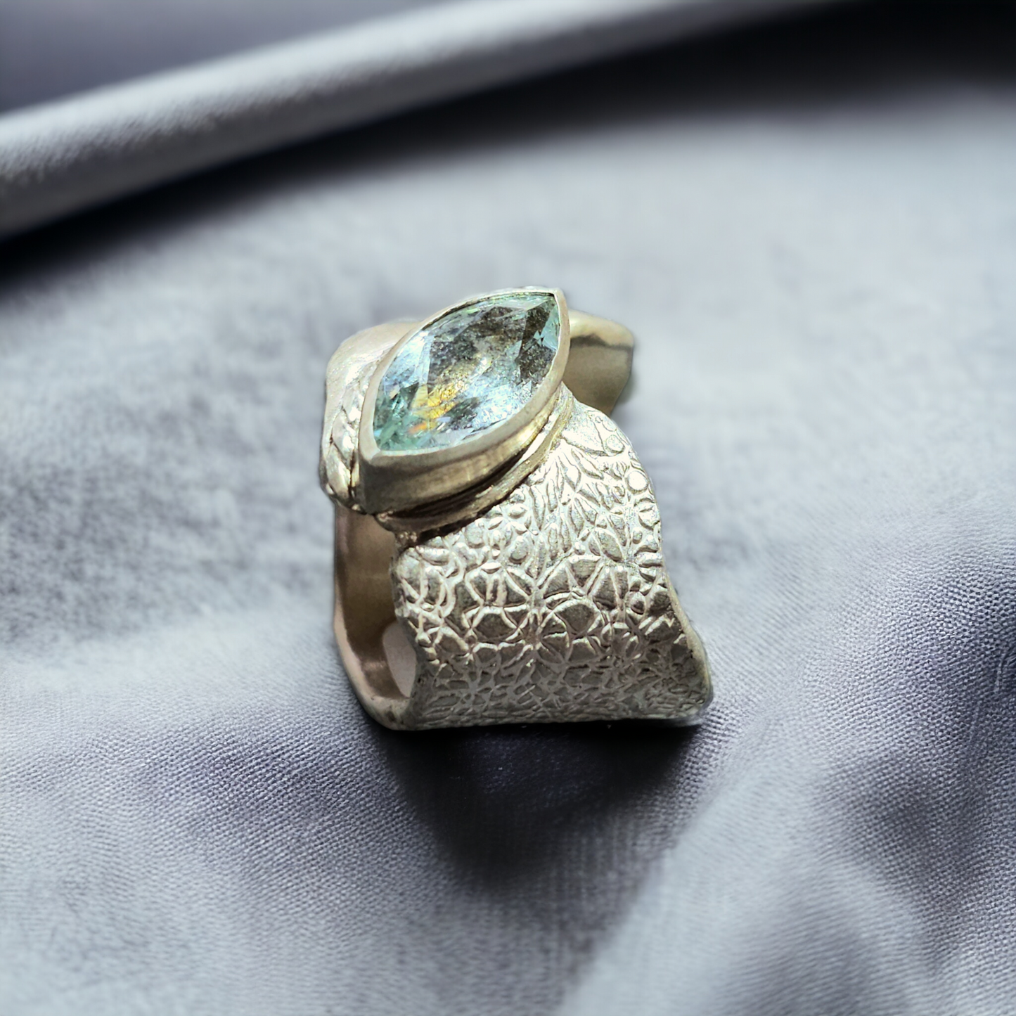 LeoLars-PABE Aquamarin Design Ring, Gr.58 (18.5), aus 925er Silber, Navette, Ring massiv, teil Strukturiert, Unikat, Handarbeit