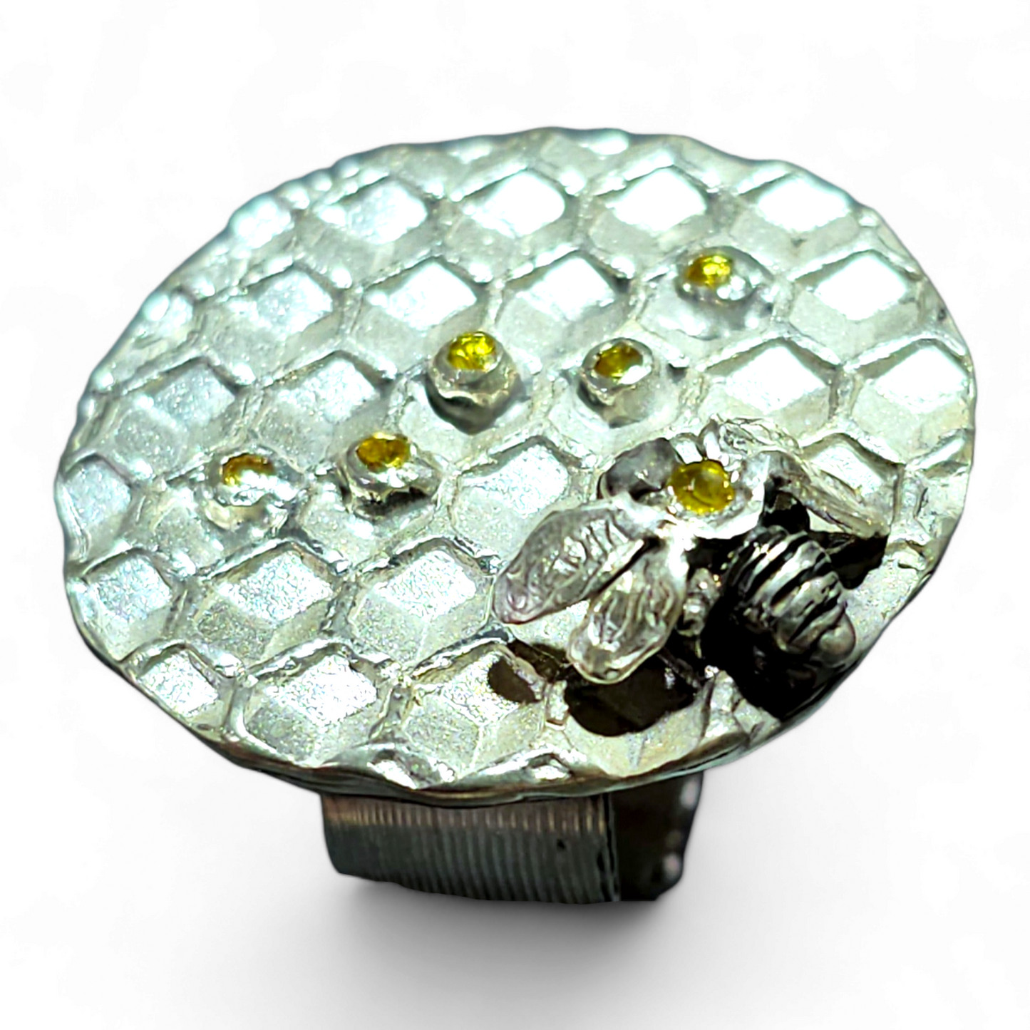 LeoLars-PABE Bienen Design Ring mit Wabe und Citrinen, Gr.58-59, aus 925er Silber, Gelb, Honig, Biene, mit Pampasgrasstruktur, Unikat, Handarbeit