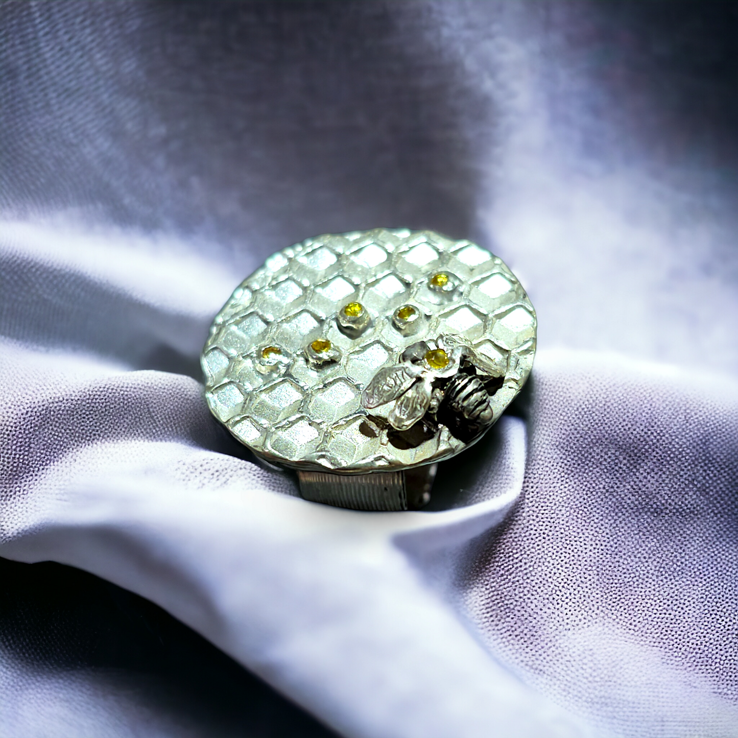 LeoLars-PABE Bienen Design Ring mit Wabe und Citrinen, Gr.58-59, aus 925er Silber, Gelb, Honig, Biene, mit Pampasgrasstruktur, Unikat, Handarbeit