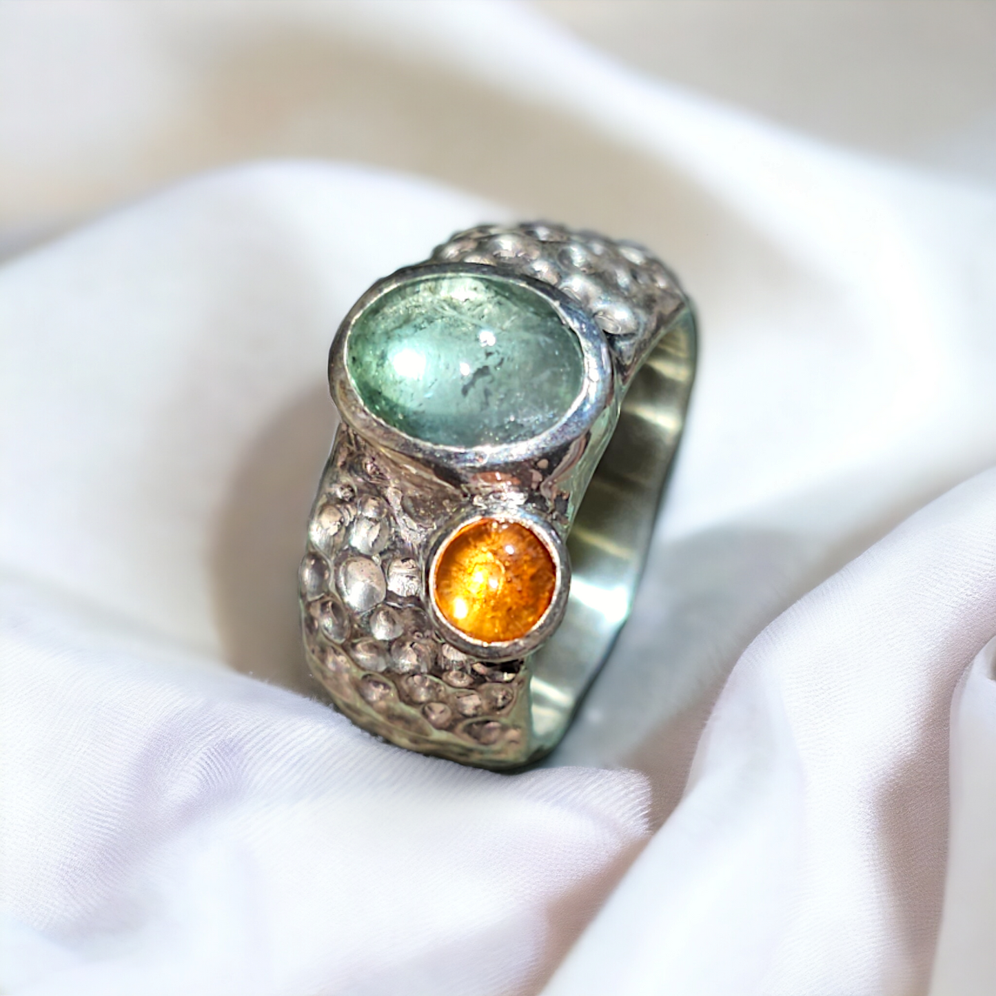LeoLars-PABE Design Ring, Gr. 57, aus 925er Silber im Bubble Design mit Turmalin und Mandarin Granat, massiv, Unikat, Handarbeit