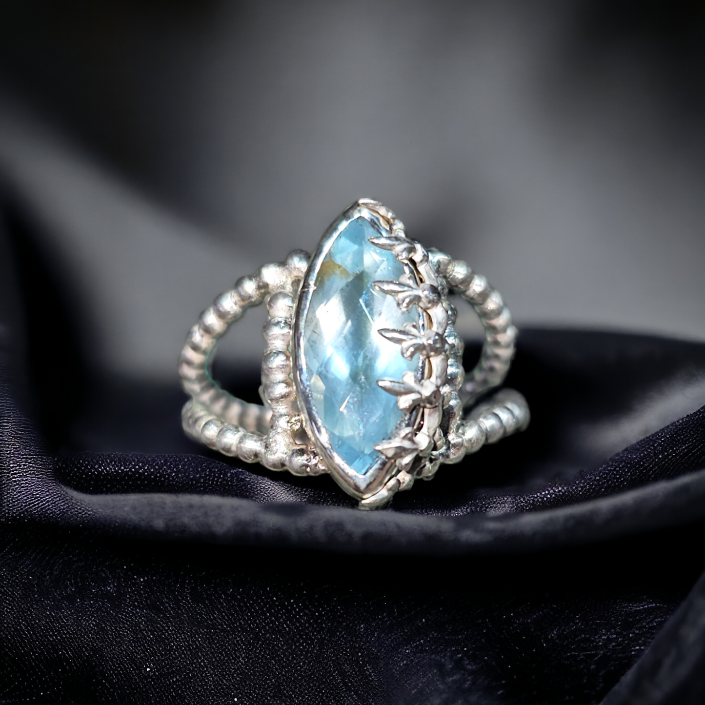 LeoLars-PABE Aquamarin Design Ring, Gr.58 (18,5), aus 925er Silber, Eisblume, Perldraht Ringschiene, Unikat, Handarbeit