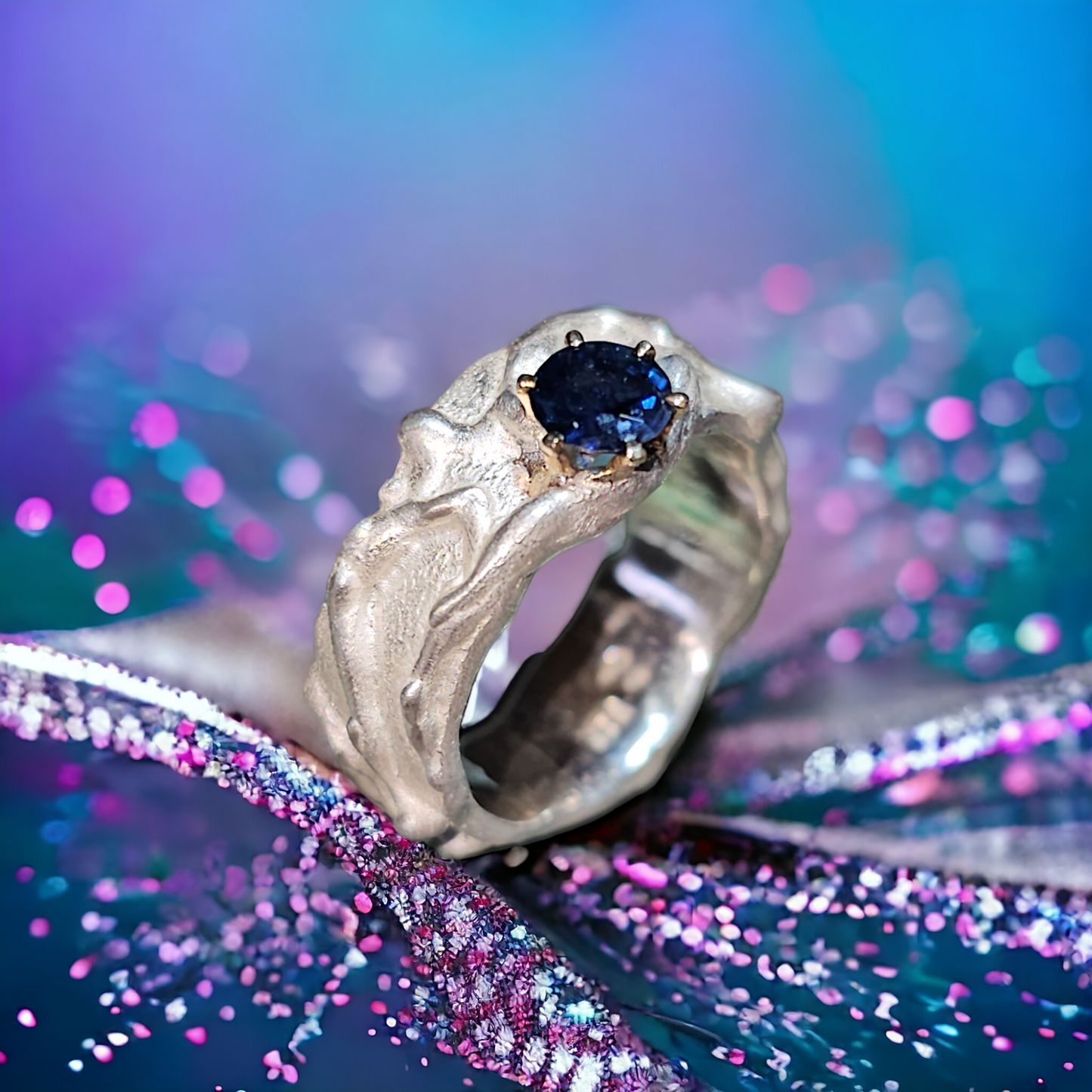 LeoLars-PABE Saphir Design Ring, 925er Silber, Gr.58, Organic Design, 585er Goldfassung, Unikat, Handarbeit