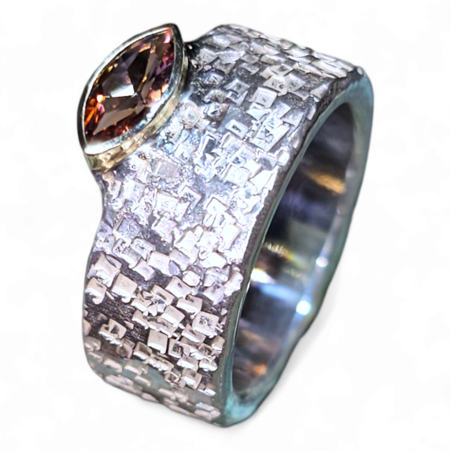 LeoLars-PABE Rosa Turmalin Ring, Gr.54, aus 925er Silber mit 585er Goldfassung, Structure Design, Unikat, Handarbeit