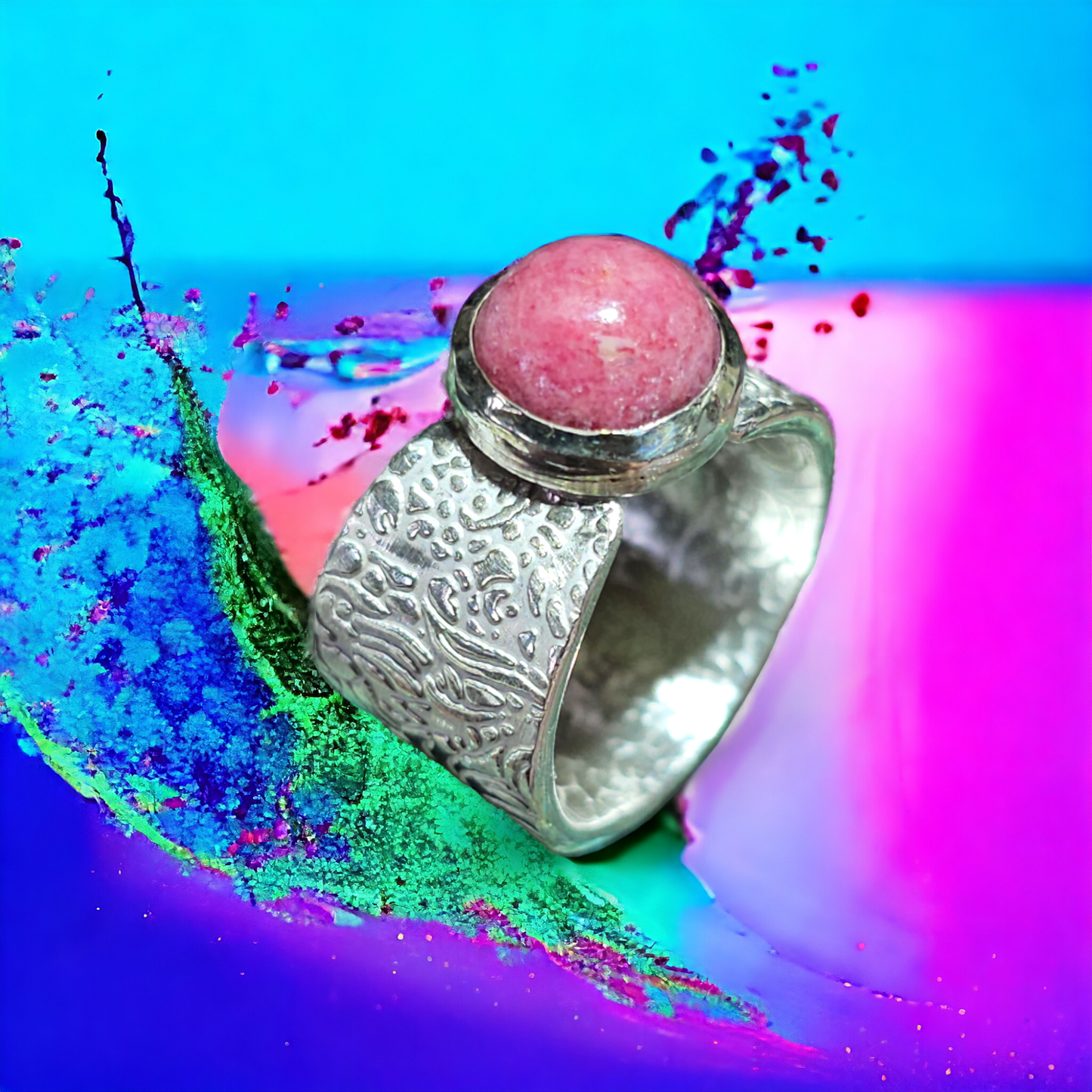 LeoLars-PABE Rhodochrosit Ring aus 925er Silber, Gr.57 (18,2), floral, blumig geprägte Ringschiene, Unikat, Handarbeit