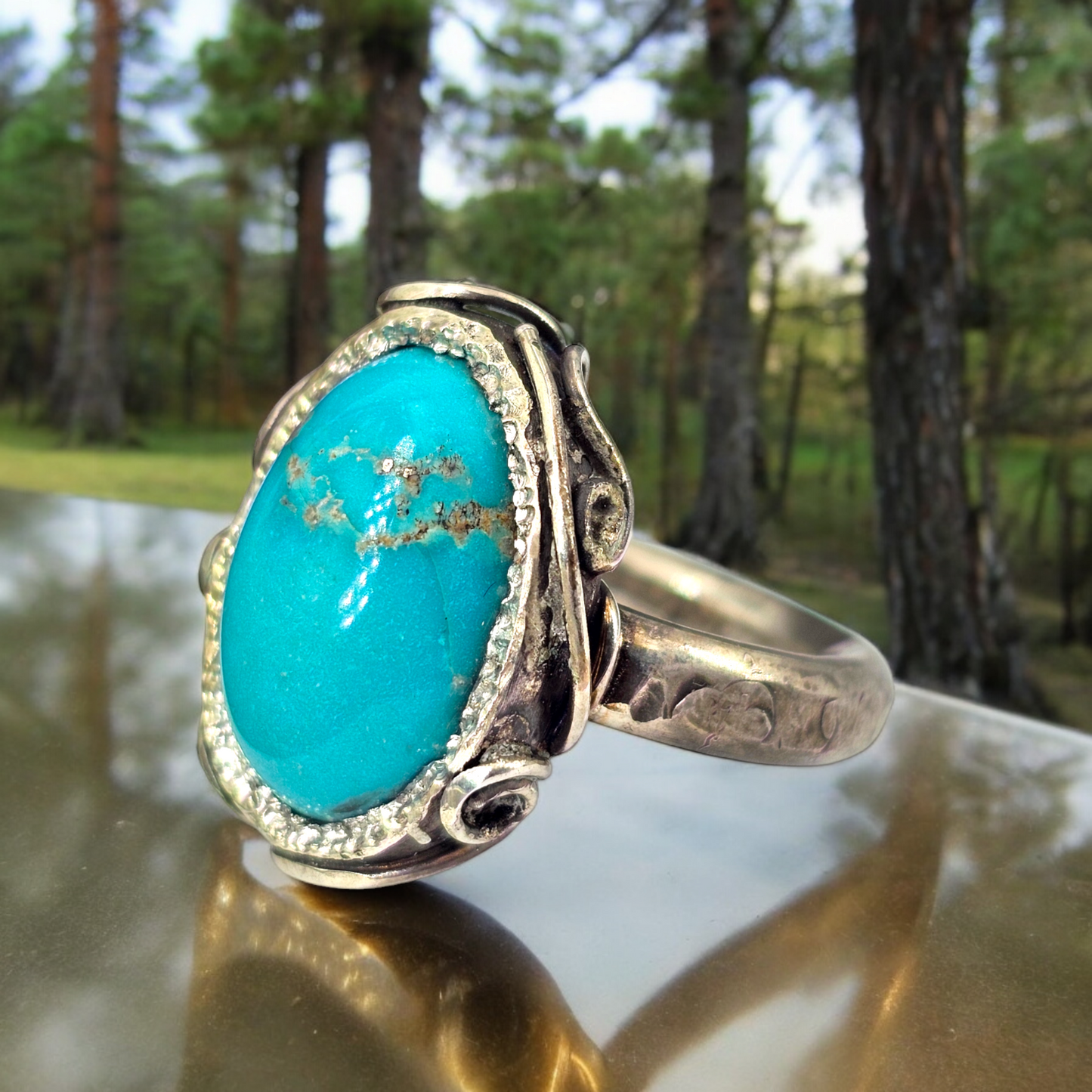 LeoLars-PABE Echter Türkis Design Ring, Gr. 59 (18.7), aus 925er Silber, verspielt, teilgeschwärzt, massiv, Unikat, Handarbeit