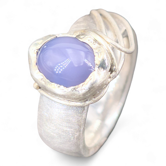 LeoLars-PABE Chalcedon Design Ring, Gr.58 (18,5), aus 925er Silber, Wellen Design, Massiv, Seidenmatt, Unikat, Handarbeit