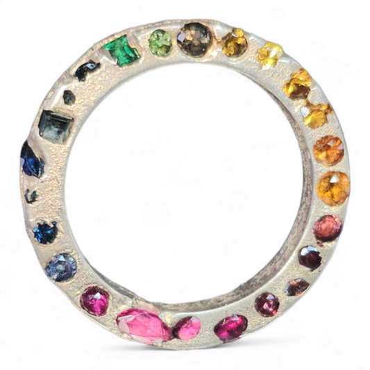 LeoLars-PABE Regenbogen Sandguss Design Ring, Gr.59 (18,7) aus 925er Silber mit eingegossenen echten bunten Edelsteinen, Vorsteckring, Anhänger, Unikat, Handarbeit