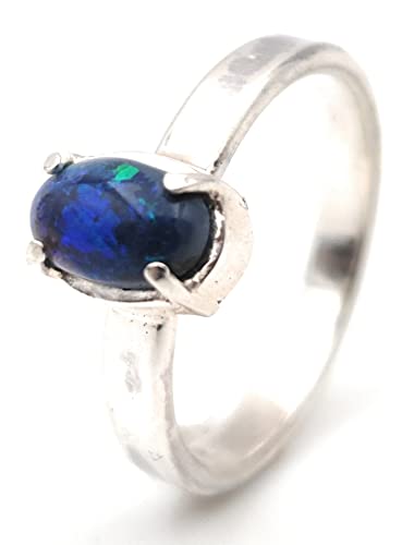 LeoLars-PABE Schwarzer Opal Ring, Gr.54, aus 925er Silber, Krappenfassung, grün-blau, Unikat, Handarbeit