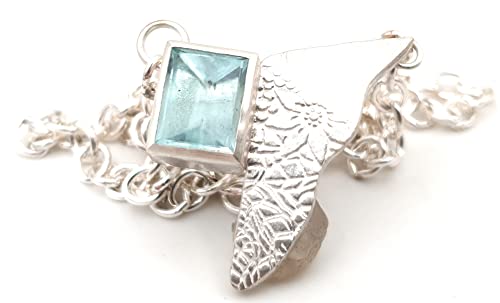 LeoLars-PABE Aquamarin Design Anhänger mit massiver Kette aus 925er Silber in Wunschlänge, Flügel, teilstrukturiert, Unikat, Handarbeit