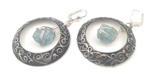 Magische Aquamarin Kristall Ohrhänger aus 925er Silber mit Feingold Elementen, baumelnd, teilgeschwärzt, Mystisch, Zauberhaft, Unikat, Handarbeit