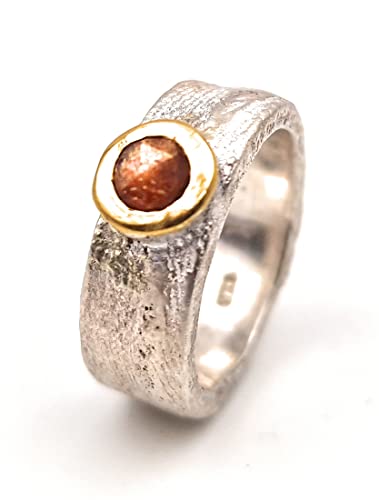 LeoLars-PABE Sonnenstein Ring im Rosenschliff, Gr.56, aus 925er Silber mit Feingoldfassung, Oberfläche Sepiaguss, Unikat, Handarbeit