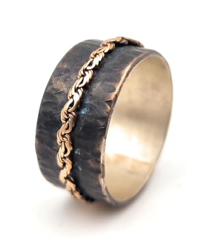 LeoLars-PABE Herren Bicolor Design Ring, Gr.69, aus 925er Silber mit montierter 585er Gelbgold Kette, geschwärzt, mystisch, magisch, Unikat, Handarbeit
