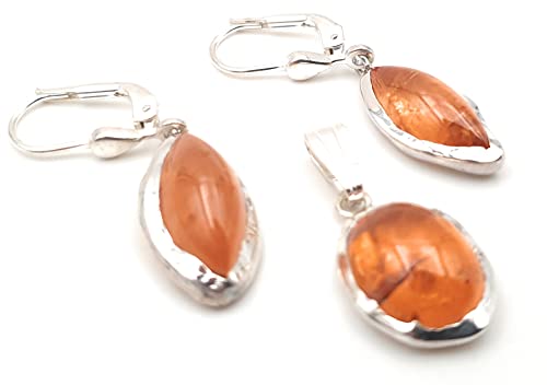 LeoLars-PABE Mandarin Granat Set, Anhänger - Ohrhänger aus 925er Silber, Satte Farbe, Brisuren, Unikat, Handarbeit