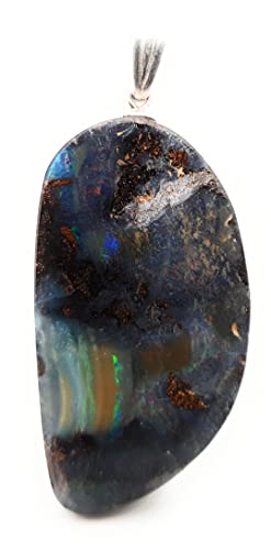 LeoLars-PABE Boulder Opal Anhänger mit 925er Silber Stiftöse, Mehrfarbig Opal 40x21.4x7.5mm, Unikat, Handarbeit