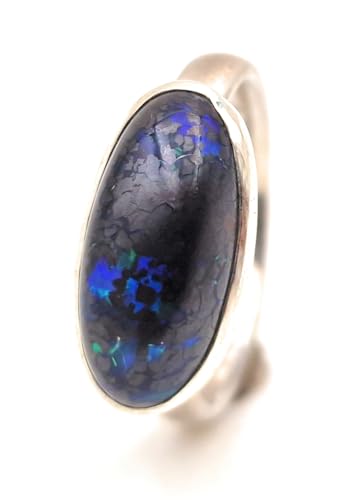 LeoLars-PABE Boulder Matrix Opal Ring, Gr. 63, Unisex, aus 925er Silber mit grün-blau-lila Opalfeuer, Unikat, Handarbeit