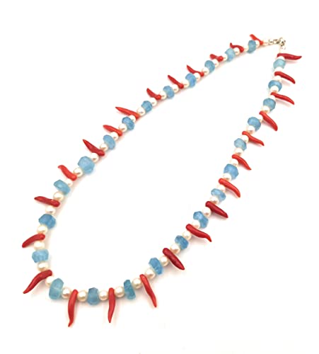 LeoLars-PABE 44cm Aquamarin und Perlen Kette mit 925er Silberverschluss, Unikat, Handarbeit