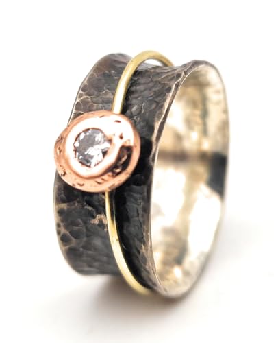 LeoLars-PABE Diamant Spinner Design Ring, Gr.63, aus 925er Silber geschwärzt, Diamant 4mm weiß Labgrown, Spinner 585er Gelbgold, Fassung 585er Rosegold Nugget, Unikat, Handarbeit