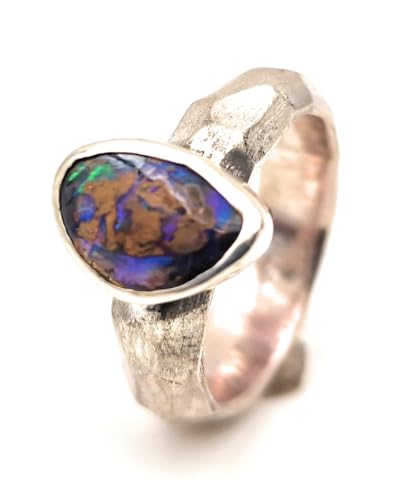 LeoLars-PABE Boulder Opal Design Ring, Gr. 61, aus 925er Silber, grob geschliffen, seidenmatt, Opal mit grün-blauen Opaladern, Unikat, Handarbeit
