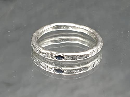 LeoLars-PABE Blauer Saphir Design Ring, Gr.49, aus 925er Silber, Navette, gehämmert, Unikat, Handarbeit