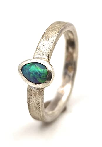LeoLars-PABE Lightning Ridge Opal Ring, Gr.60 (19), aus 925er Silber, Opal Tropfen grün-blau, gebürstet, Unikat, Handarbeit