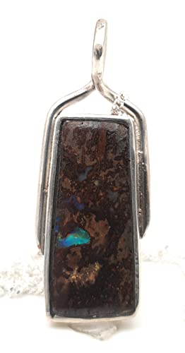 LeoLars-PABE Boulder Opal Anhänger aus 925er Silber mit Multicolor Flash, Opal 23.5x10mm, mit Panzerkette, Unikat, Handarbeit