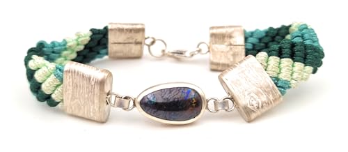 LeoLars-PABE Boulder Opal Makramee Armband aus 925er Silber mit handgefertigten Endkappen, 16-20cm, Opal mit mehrfarbigen Pinfire, Unikat, Handarbeit