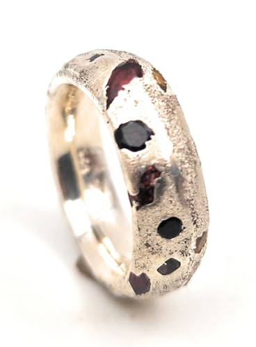 LeoLars-PABE Bunter Sandguss Design Ring, Gr.54 (17,2), aus 925er Silber mit verschieden farbigen echten eingegossenen Edelsteinen, Unikat, Handarbeit