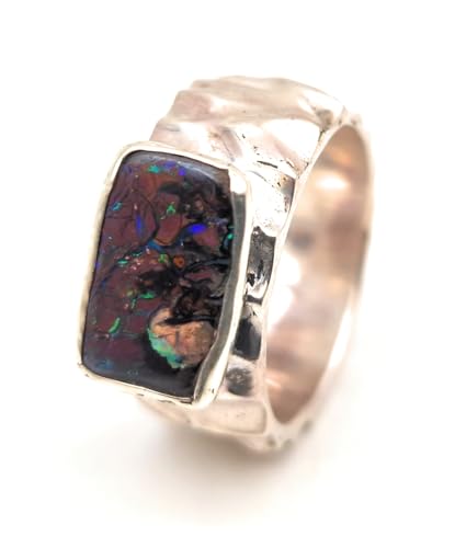 LeoLars-PABE Boulder Opal herren Design Ring, Gr.65-66, aus 925er Silber, Opal mit Muster und bunten Opaladern, grob geschliffen, massiv, Unikat, Handarbeit