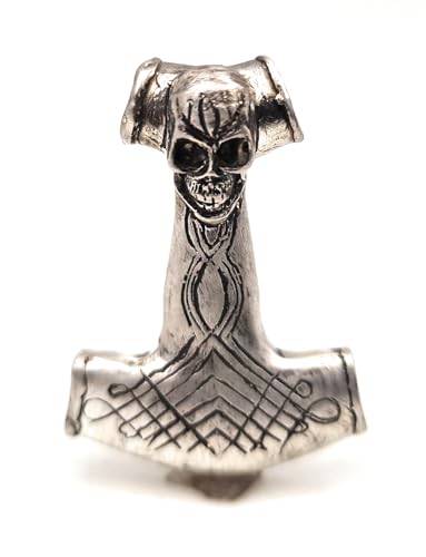 LeoLars-PABE Thors Hammer Design Anhänger aus 925er Silber mit gravierten geschwärzten Muster und Totenkopf, Unikat, Handarbeit