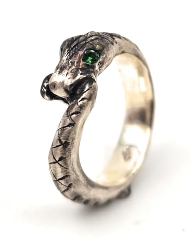 LeoLars-PABE Schlangen Design Ring, Gr. 56 (17,8), aus 925er Silber mit Tsavorit Augen, leuchtend grün, teilgeschwärzt, Unikat, Handarbeit