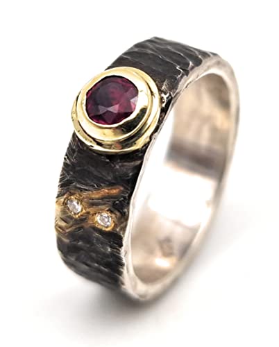 LeoLars-PABE Rubin Design Ring, Gr.55-56, aus 925er Silber mit Goldfassung und zwei Diamanten, teilgeschwärzt, Unikat, Handarbeit