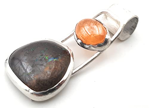 LeoLars-PABE Boulder Opal, Mandarin Granat Anhänger aus 925er Silber, Röhrchen mit Muster, Unikat, Handarbeit