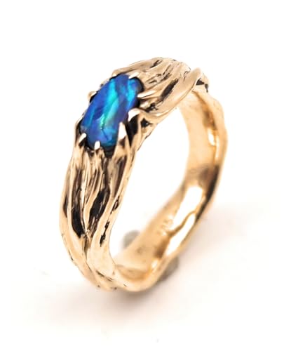 LeoLars-PABE Schwarzer Opal Design Ring, Gr.57 (18,2), aus 585er Gelb Gold, Holz Design Oberfläche, Opal brilliantes grünes Opalfeuer, Massiv, Organisch, Natürlich, Unikat, Handarbeit