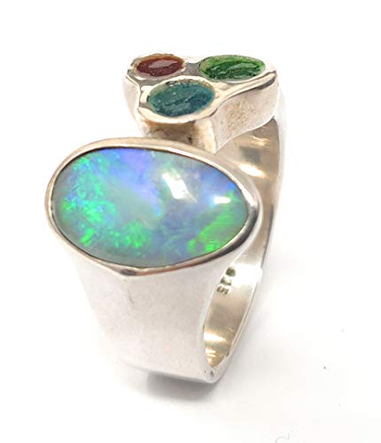 LeoLars-PABE Lightning Ridge Opal Ring oben offen mit Emaille aus 925er Silber, Gr.59, Unikat, Handarbeit