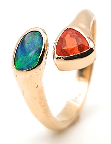 LeoLars-PABE Edler Boulder Opal und Feueropal Design Ring, Gr. 58, aus 750er Gelbgold, Fire and Water, Unikat, Handarbeit