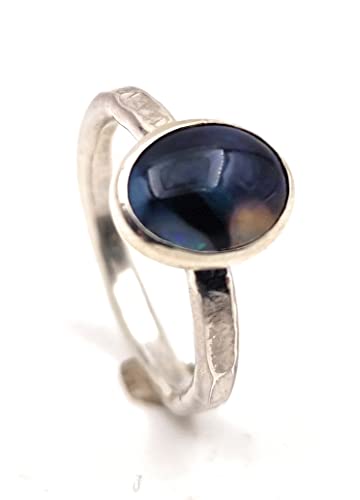 LeoLars-PABE Schwarzer Semi Chrystal Opal Ring, Gr.55 (17.5), aus 925er Silber, blau-grün, gehämmert, Unikat, Handarbeit